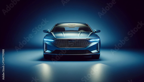  Front view of a generic and brandless sleek blue model car on a blue background wallpaper