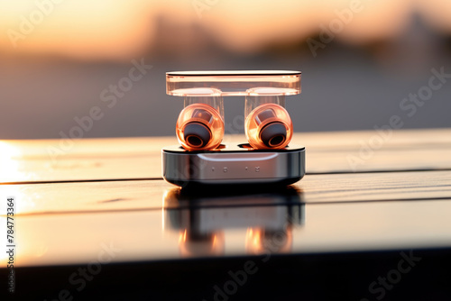 Ear buds on wooden table, sunset background. wireless sleek audio earbuds in glossy case, evening ambiance