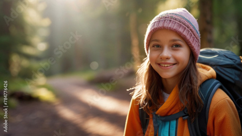 Happy teenager girl spending time outdoor, hiking and exploring nature