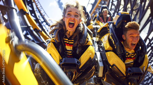 Woman in yellow and black striped shirt is riding roller coaster.