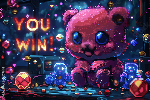 pixelated background in the style of a vintage video game with the inscription YOU WIN
