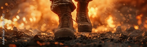 A closeup of the feet and boots of an army soldier walking in war, with explosions and fire around him. AI generated illustration