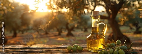 Glass containers with olive oil on wooden table with branches and olives in crop field full of olive trees with sunshine. AI generated illustration