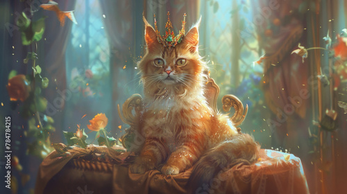 A majestic cat wearing a sparkling crown sits proudly in a mystical, sun-drenched forest, surrounded by fluttering butterflies