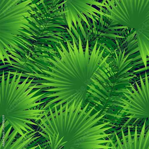 Amazon tropical leaves seamless pattern vector illustration. Rainforest foliage template print. Jungle plants repeated backdrop. Green wallpaper with tropic palm leaf, monstera. Summer background.