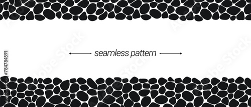 Black stone seamless pattern vector. Black and white cobblestone, pebble border frame. Irregular shapes repeated backdrop for web tiles and interior designs. line polygonal cells template background