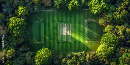 Aerial view of a cricket pitch during a match, with players in action and lush greenery