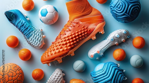 Creative image of shin guards and soccer cleats on a white background, unique angles