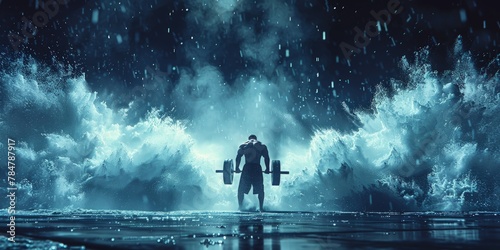 Dynamic image of a weightlifter preparing for a lift with chalk dust in the air, intense and gritty