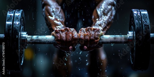 High contrast image of a power lifter's hands gripping a heavy barbell, veins popping, intense lighting enhancing the strength and determination