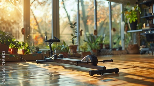 Rowing machine in a home gym setting, clean lines and modern technology