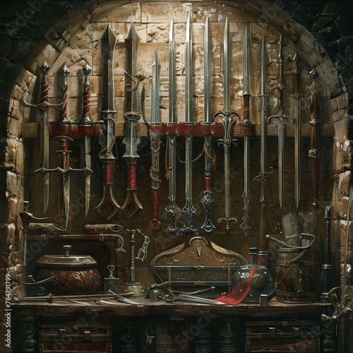 An ancient armory filled with a collection of swords, daggers, and other medieval weapons displayed on stone walls