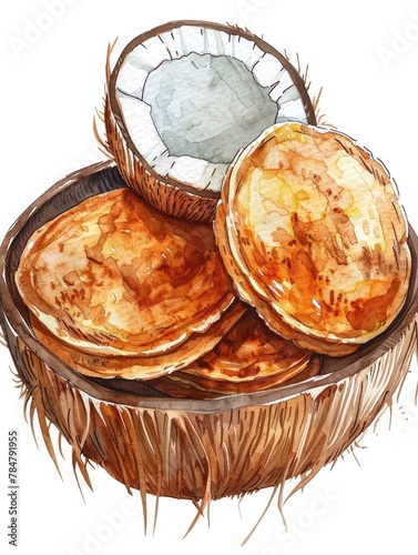 Watercolor of Homemade Thai Coconut Pancakes Kanom Krok on a Woven Rattan Platter