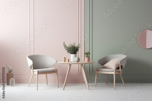 Create your own sanctuary with two chrs in soft pastel hues, a central table, and an empty canvas agnst a backdrop of pure pink, white, or yellow, enveloping you in a sense of calm and tranquility 