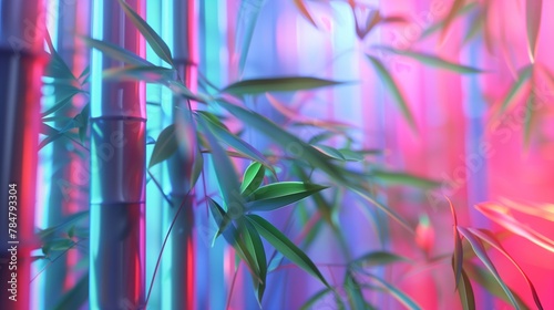 Close-up glass organic bamboo. volume digital plants, contrast, texture, neon light, surreal, fluorescencetrans plastic. Generated by artificial intelligence.