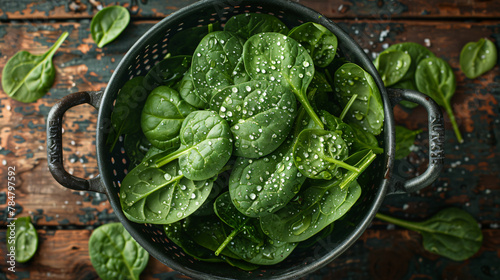 Raw fresh spinach with drops in a colander