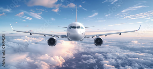 A white airplane is flying through the sky with a blue sky in the background. The airplane is the main focus of the image, and it is soaring through the air with ease. Scene is one of freedom