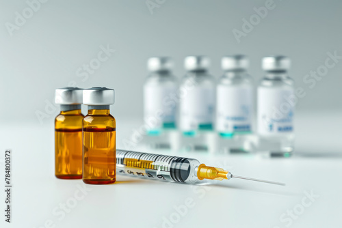 Isolated vaccine bottles and syringes close up with space for text or inscriptions 