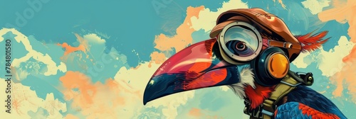 Pop art of a hornbill with vintage aviator goggles, illustration wallpaper