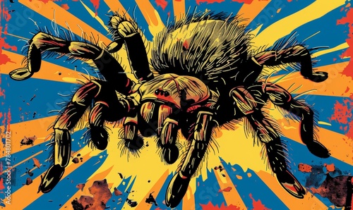 Pop art of a tarantula spider with a comic book explosion
