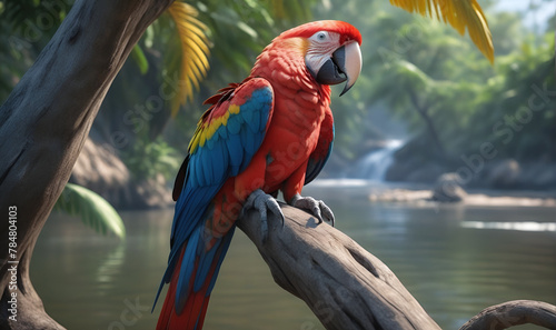 A large multi-colored Makau parrot, sitting on a tree branch by the lake