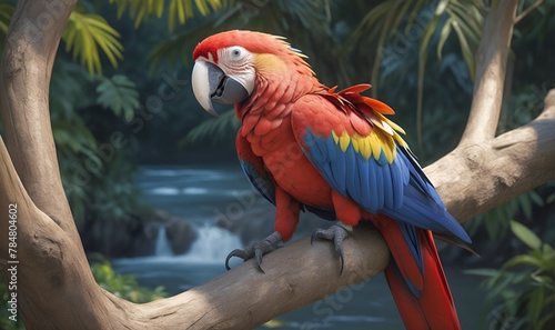 A large multi-colored Makau parrot, sitting on a tree branch by the lake