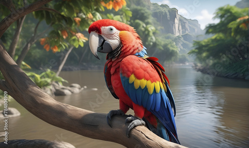 A large multi-colored Makau parrot, sitting on a tree branch by the lake