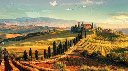 Tuscany landscape panorama. Wallpaper mural, hand drawing painting. Tuscan nature landscape. Italy home decoration 