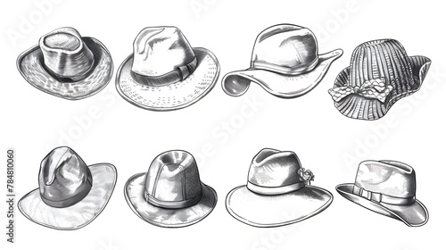 Hats collection, vector sketch illustration. Different types of hats, cap, panama, french beret, knitted winter hat, floppy beach hat, newsboy cap isolated on white background.