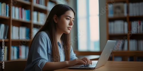 "Academic Pursuit: Young Woman Engrossed in Online Learning at School Library with Laptop" 