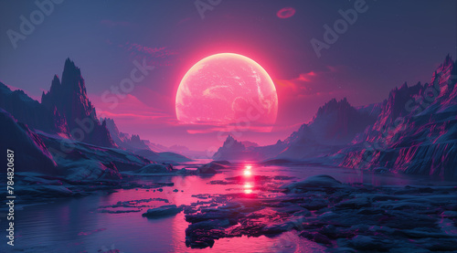 Extraterrestrial planet sunrise over the mountains
