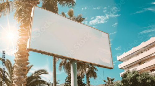 big horizontal blank billboard amidst tropical palm trees under a clear blue sky, for your mock-up