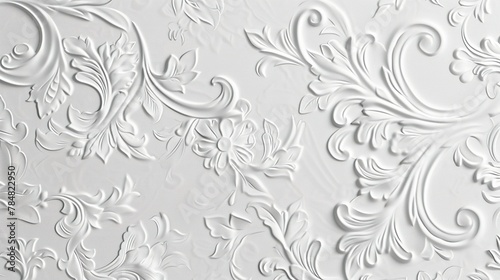 A white embossed background of flowers and leaves displays an intricate, tactile texture of depth and visual interest. Flowers and leaves carved in relief on the background.