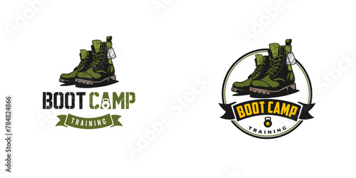 The illustrated logo concept features elements of boot camp, military, and fitness. The design incorporates a boot, dumbbell, and military-inspired imagery.