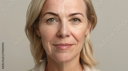  A photograph of a woman's face, half before a lifting treatment with visible wrinkles, half after the treatment with smooth skin, split vertically. 