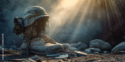 A pair of combat boots and a soldier's helmet in a somber battlefield setting at dawn.