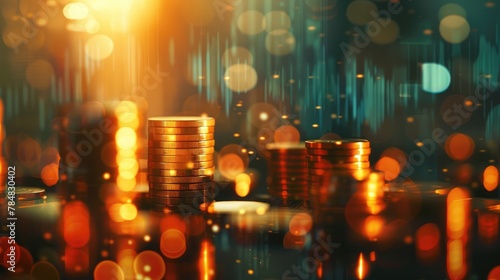 Double exposure of graph and rows of coins for finance and business concept