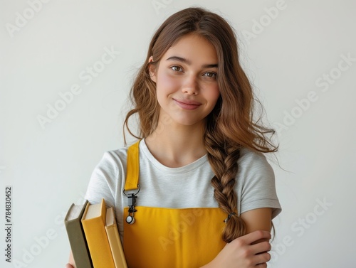 Retrato de uma estudante de Letras posando para uma foto, capturando o momento de preparação e aspiração de uma futura professora. Reflete o compromisso e entusiasmo pela educação