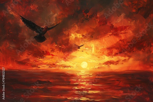 Capture the mystique of a lone, majestic bird soaring against a backdrop of a fiery sunset in a rich oil painting