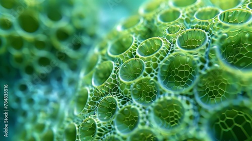A microscopic view of a volvox colony a type of green algae that consists of hundreds of individual cells forming a spherical shape.