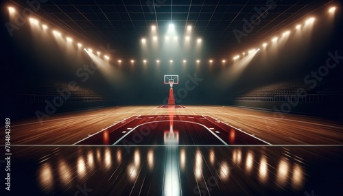 expansive indoor basketball arena with a gleaming polished wooden floor that reflects the red basketball hoop and bright white court lines.