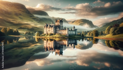 serene lake in the foreground with a perfectly mirrored reflection of a grand medieval castle.