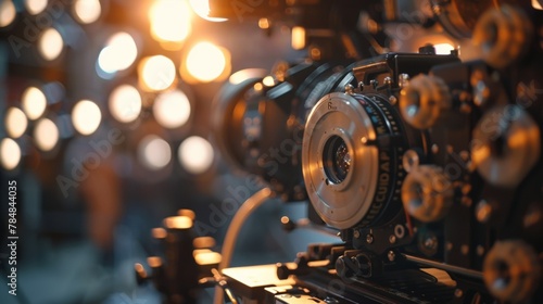Defocused cinematic journey A mesmerizing backdrop filled with outoffocus images of vintage movie equipment highlighting the influential journey of filmmaking from its humble beginnings .