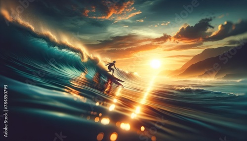 surfer gracefully navigating a wave, with a brilliant sunset in the background. The water glimmers with reflections