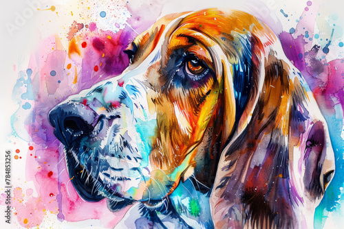 Portrait of Basset hound dog. Colorful watercolor painting illustration.