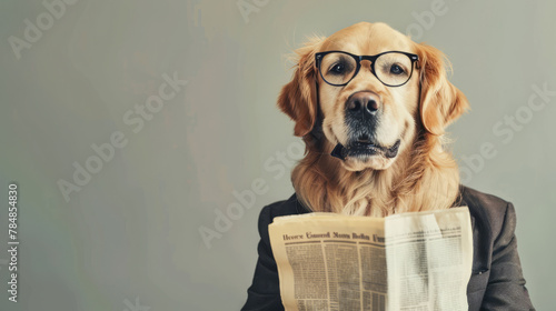 Portrait of golden retriever dog wearing suit reading newspaper. Isolated on clean background.