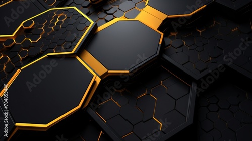black and yellow 3d hexagon design artwork, in the style of webcore, dark gray and gray, functional aesthetics