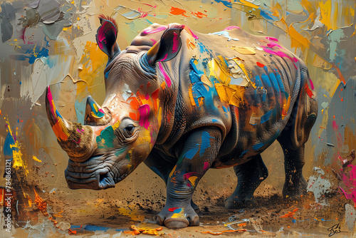 A majestic rhino adorned in vibrant hues, its imposing form brought to life with dynamic paint splashes against a kaleidoscopic backdrop-1
