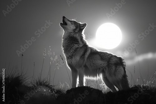 A lone wolf howling under the moonlight, its silhouette merging with the darkness-1