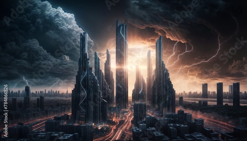 Futuristic cityscape with high buildings and high-rise buildings